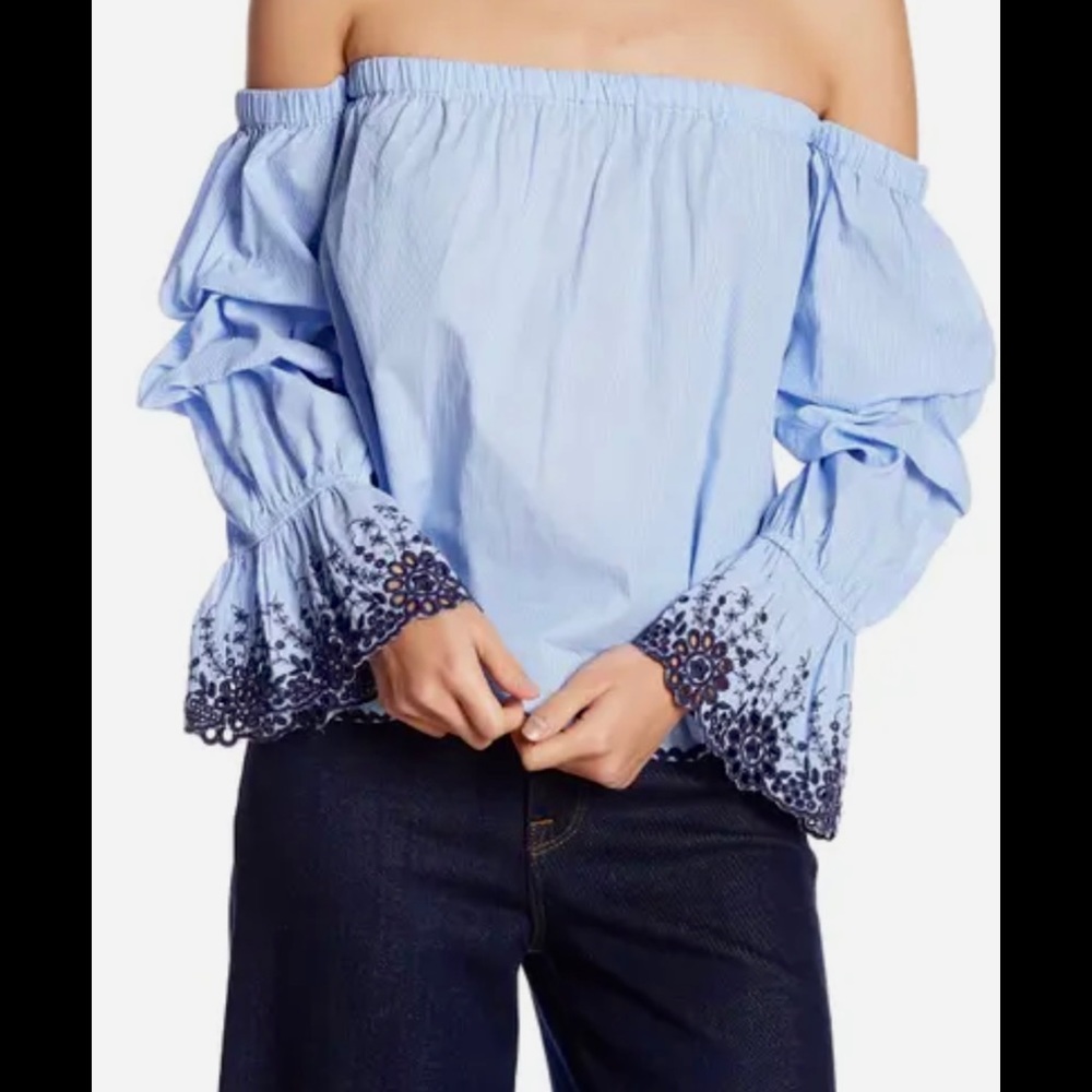 Romeo+Juliet Off Shoulder Ruched Sleeve Top Eyelet and Nautical Ticking Stripe